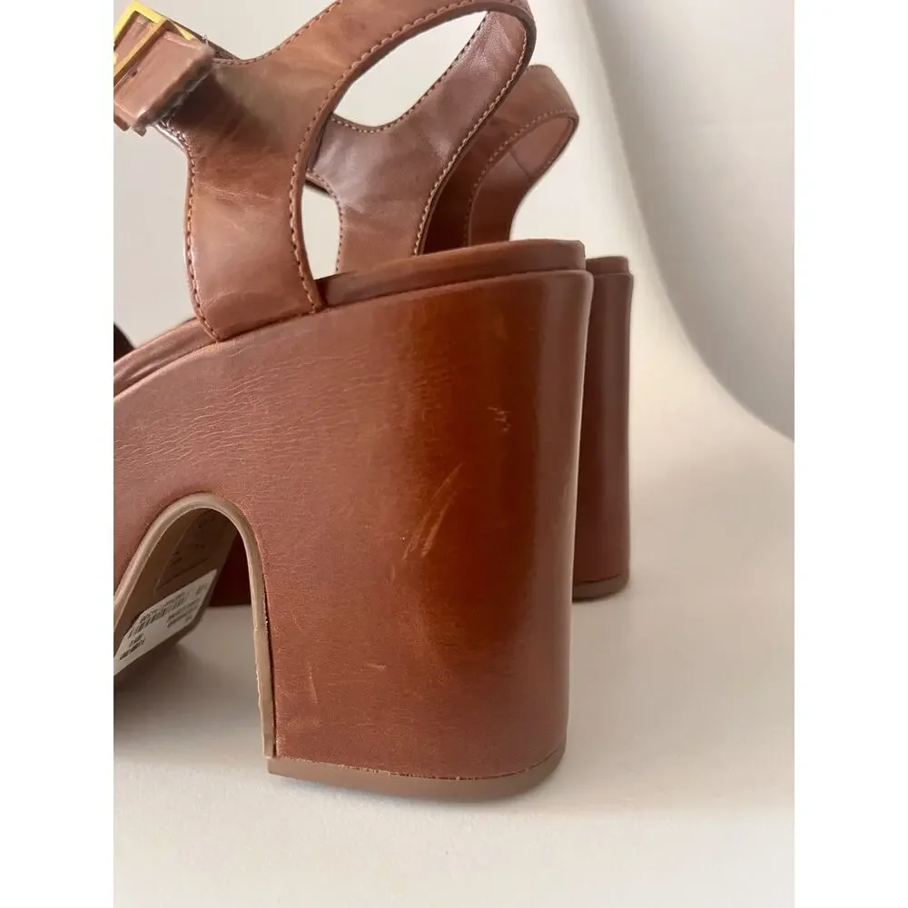 Schutz Tuke Platform Sandals Womens US 5.5 Cognac Brown Leather Chunky Heel NWOB